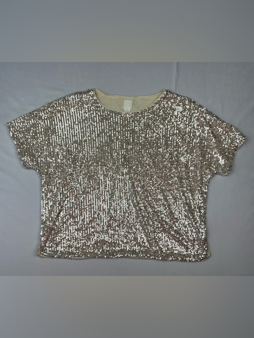 H&M Sequin Embellished Lined Relaxed Fit Short Sleeve Top Champagne Size Large